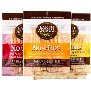 Earth Animal No-Hide Stix Peanut Butter, Chicken and Beef Flavored Natural Rawhide Free Dog Chews Long Lasting Dog Chews Sticks (10 Count Pack of 3)