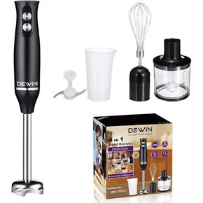 DEWIN Immersion Blender, 500 Watt 4-in-1 Hand Blender with Chopper, Whisk, Mixing Beaker, Electric Stick Blender with Two Speed Adjustable, Ergonomic handle