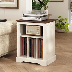 Farmhouse Record Player Stand, 3 Tier End Table, Turntable Stand with Vinyl Record Storage Holds Up to 160 Albums,Wood Record Holder Cabinet Dispaly Shelf for Living Room,Bedroom,Office,Antique White