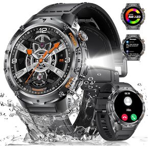Military Smart Watch for Men, Flashlight 100+ Sports Modes Fitness Tracker Smartwatch, 1.43'' AMOLED Display, 5ATM Waterproof, Heart Rate/Sleep Monitor, Mens Smart Watches for Android iOS