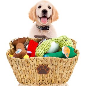 FairyHaus Dog Toy Basket Organizer with Dog Paw Decor, 1Pack Wicker Bone Shape Dog Toy Bin for Organizing, Natural Water Hyacinth Dog Toy Box for Pet Chew Toys Blanket Treats Storage