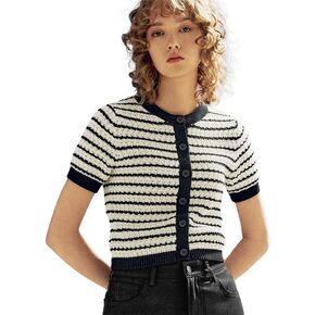 Womens Short Sleeve Striped Sweaters Tops Crew Neck Pullover Shirt Lightweight Knit Cardigans Blouse