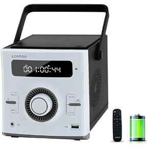 مشغل أقراص مضغوطة LONPOO محمول، راديو Boombox قابل لإعادة الشحن مع بلوتوث 5.3، راديو FM، مشغل أقراص مضغوطة مع مكبرات صوت، مشغل USB، تشغيل MP3، مشغل كاريوكي 6 في 1 مشغلات أقراص مضغوطة للمنزل
