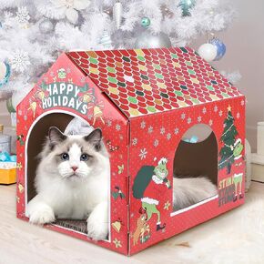Christmas Cat House,Cardboard Cat House for Indoor Cats with Scratcher Pad Xmas Cat Cardboard House Multi-Purpose Cat Houses for Cat Birthday Christmas Decorations