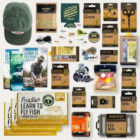First Cast by Postfly | The Ultimate Fly Fishing Starter Kit | Gear, Flies, 3 Books and Video Lessons | 64 Piece Kit