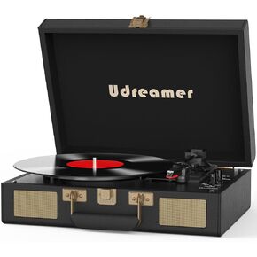 Udreamer Suitcase Vinyl Record Player with Build-in Speakers,Vinyl Player with BT 5.3,RCA, Line in and Headphone Jack,Portable Turntable in PU Leather Black for Vinyl Records