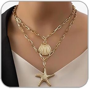 Gold Starfish Necklace for Women Sea Shell Necklaces Gold Layered Pearl Necklaces Beach Charm Necklace Shell Beaded Choker Necklace Trendy Summer Jewelry