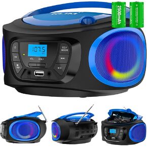 KLIM Boombox Portable Audio System. FM Radio, CD Player, Bluetooth, MP3, USB, AUX + Includes Rechargeable Batteries + Wired & Wireless Modes + Compact and Sturdy + New 2022 - Blue (Renewed)