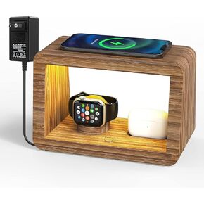 Wireless Charging Station with Clock, Desk Lamp 15W Fast Wireless Charger Night Light with 3 Color& Adjustable Brightness, Bamboo Wireless Charging Station Dock for iPhone 15-8/AirPod/iWatch/Samsung