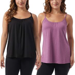 32 Degrees Women's 2-Pack Cool Flowy Bra Camis | with Built-in Cups | Relaxed Fit | Adjustable Spaghetti Strap, White/Light Blue, Large