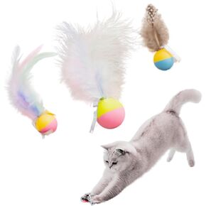 Plumed Cat Ball Toy for Indoor Cats, Assorted Color, Silicone Bouncy Ball Toy Set (5PCS)