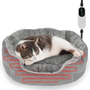 Heated Cat Bed for Indoor Cats, Adjustable Temperature Thermo Round Cat Bed with Timer, Self Warming Cat Bed Donut with Heating Pad, Washable Electric Heating Pet Bed for Kitty and Small Dogs