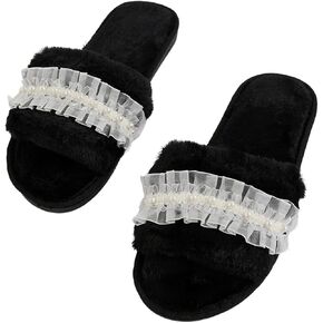 Verdusa Women's Pearls Open Toe Fluffy House Slippers Faux Fur Bedroom Shoes