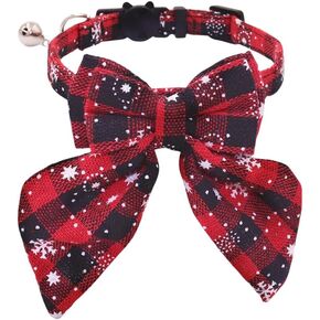THAIN Christmas Cat Collars Breakaway with Stylish Bow Plaid Christmas Kitten Collar with Bell, Removable Bowtie Cat Christmas Collar for Cats Kittens (S, Christmas Red)