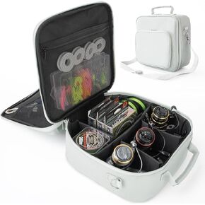 Fishing Reel Case, Portable Fishing Tackle Bag with Shockproof Dividers & Multiple Pockets, Waterproof Fishing Gear Storage Bag for Spinning Reels Fly Reels (Black)