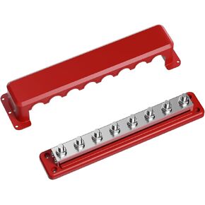 600A High Current Busbar 12-48V DC Heavy-Duty Nickel-Plated Copper Power Distribution Block 8xM10 (3/8") Terminal Studs with Cover Battery Bus Bar for Automobiles Boat RV Truck (Red)