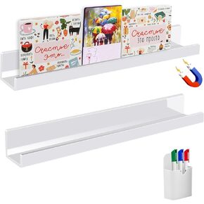 2 Pack Magnetic Book Shelf for Whiteboard Classroom,Reusable Acrylic Magnetic File Holder with a Pen Container,Floating Book Display Shelf for Teacher Kids Room Office (Black,17inch)