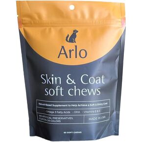 Arlo Pet Supplies Skin and Coat Supplement for Dogs, 60 Soft Chews, Omega 3 Fatty Acids, DHA, Vitamins E and C, Restore Soft, Shiny Hair and Diminish Irritation, Made in USA