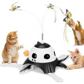 3-in-1 Automatic Cat Toys for Indoor Cats, Fluttering Butterfly, Whack a Mole, Rotating Feather Wand, USB Rechargeable Interactive Feather Toys for All Breeds (Black)