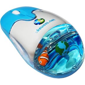 Frutiger Aero Aqua Mouse - Clear Blue USB-C Rechargeable Wireless & Bluetooth Optical Retro Computer Mouse with Liquid Water Section and Floaters (Globe, Clownfish)