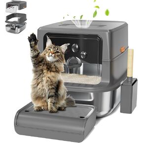 Stainless Steel Litter Box with Lid, XL Enclosed Cat Litter Boxes for Big Cats Odorless Cat Litter Box with Carbon Filters, Metal Extra Large Litter Box with Removable Lid &Scoop, Anti-Urine Leakage