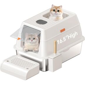 Stainless Steel Cat Litter Box with Lid, XL Extra Large Litter Box for Big Cats, Enclosed Removable Metal Litter Box with High Sided Enclosure & Scoop, Anti-Leakage, Non-Sticky, Easy Cleaning