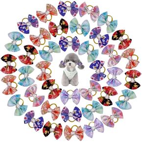 Wepetyo 30Pcs Dog Bows,Dog Puppy Hair Bows with Rubber Bands & Rhinestone Pearls,Cute Pet Small Dog Hair Bowknot Grooming Accessories(Clover Sunflower)