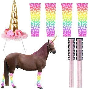 6 PCS Horse Bling Accessory Costume for Horses to Wear with Unicorn Horn Headband Spiral Horns Artificial Rose Flower Vine Warmers and Horse Hair Clips for Christmas Party Decorations (Style 2)