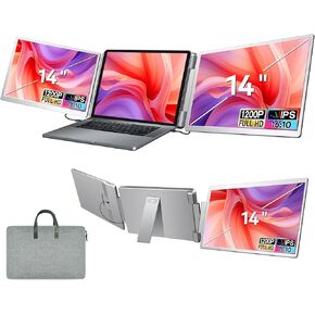 14" Portable Monitor for Laptop, Triple Screen Extender Travle for 12"-17" Laptops, 1080P FHD IPS, Compatible with Windows, Surface, MacOS (M1/M2/M3 Pro/Max chips & M4 chips), Powered by USB-C & HDMI.
