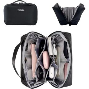 Portable tech pouch for travel, Electronic Organizer Accessory for travel essentials，travel Cable organizer pouch with Handle，Tech organizer bag with zipper (Black)