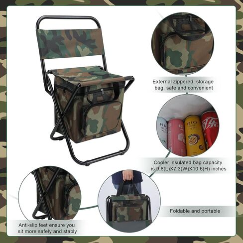 Geetery 2 Pcs Fishing Rod Reel Organizer Backpack Cooler Chair Best Fishing Lover Gift Fishing Pole Backpack Folding Fishing Cooler Stool for Fisher Men Boys Husband Father Gift(Army Green) in Saudi Arabia