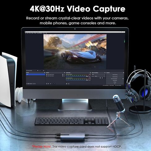 WAVLINK 4K30/2K60/1080p120 Capture Card, Up to 4K60 HDR10/ 2560x1440@144hz/ 1080p@240hz passthrough on PS5, PS4, Xbox Series X and S, Xbox One,in OBS and More,Ultra-Low Latency,Widely Compatible in Saudi Arabia