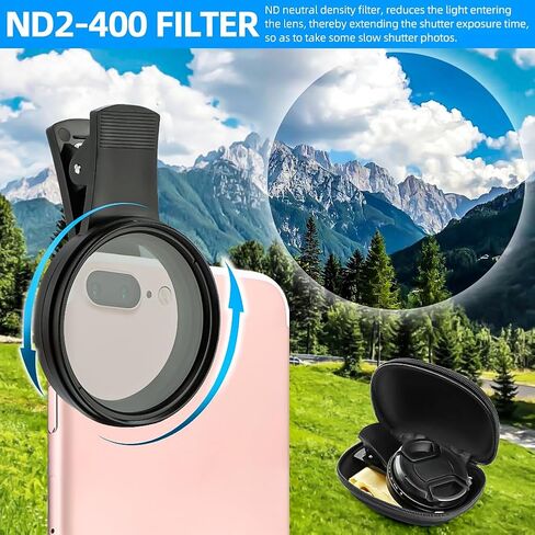 52mm Variable ND2-ND400 Filter, Clip-on Phone Lens ND Filter Kit, Universal Adjustable Neutral Density Filter Compatible with iPhoneSamsung/Android Smartphones(Size:52mm) in Saudi Arabia