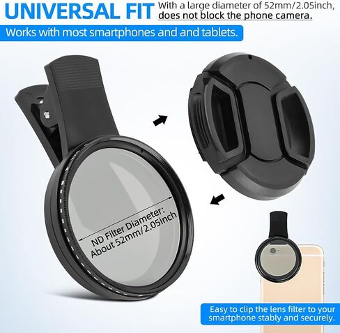 فلتر ND2-ND400 متغير مقاس 52 مم، طقم فلتر ND لعدسة الهاتف المشبك، فلتر كثافة محايد عالمي قابل للتعديل متوافق مع هواتف iPhoneSamsung/Android الذكية (الحجم: 52 مم) in Kuwait