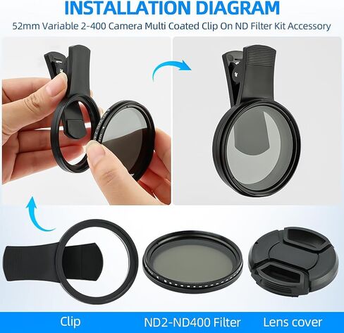 فلتر ND2-ND400 متغير مقاس 52 مم، طقم فلتر ND لعدسة الهاتف المشبك، فلتر كثافة محايد عالمي قابل للتعديل متوافق مع هواتف iPhoneSamsung/Android الذكية (الحجم: 52 مم) in Kuwait