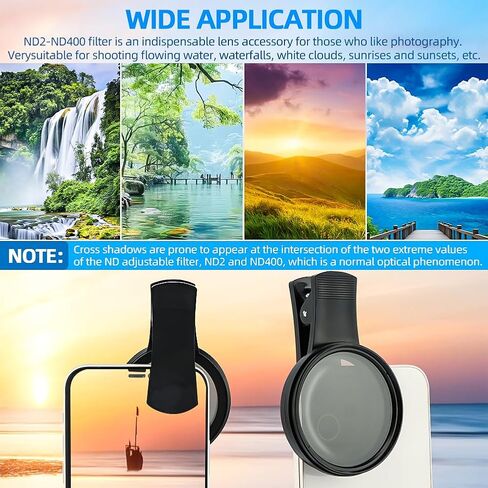 فلتر ND2-ND400 متغير مقاس 52 مم، طقم فلتر ND لعدسة الهاتف المشبك، فلتر كثافة محايد عالمي قابل للتعديل متوافق مع هواتف iPhoneSamsung/Android الذكية (الحجم: 52 مم) in Kuwait