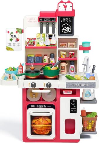 Kids Play Kitchen Set, Toddler Kitchen Playset with Sound & Light, Cooking Stove with Steam, Play Sink, Play Food Toy and Kitchen Accessories, Pretend Kitchen Toy for Kids Girls Boys 1-3 in Kuwait