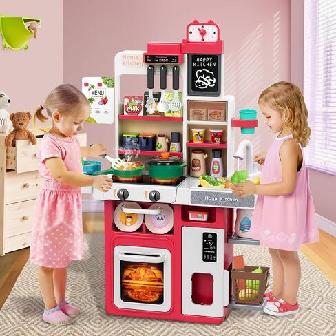 Kids Play Kitchen Set, Toddler Kitchen Playset with Sound & Light, Cooking Stove with Steam, Play Sink, Play Food Toy and Kitchen Accessories, Pretend Kitchen Toy for Kids Girls Boys 1-3 in Kuwait