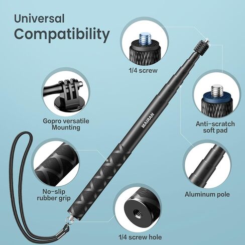 عصا سيلفي غير مرئية من مايران مقاس 114 سم، عصا غير مرئية بطول 1/4 بوصة متوافقة مع Insta360 وGoPro وDJI وكاميرات الحركة، وعمود مونوبود محمول قابل للتمديد مع مشبك تثبيت وحزام معصم in Kuwait