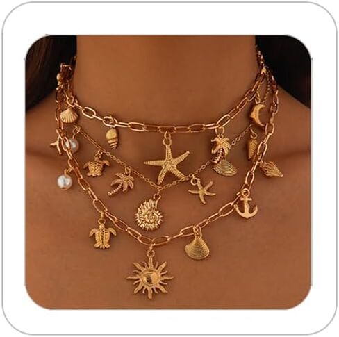 Gold Starfish Necklace for Women Sea Shell Necklaces Gold Layered Pearl Necklaces Beach Charm Necklace Shell Beaded Choker Necklace Trendy Summer Jewelry in Kuwait