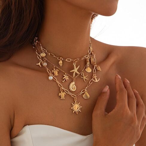 Gold Starfish Necklace for Women Sea Shell Necklaces Gold Layered Pearl Necklaces Beach Charm Necklace Shell Beaded Choker Necklace Trendy Summer Jewelry in Kuwait