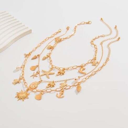 Gold Starfish Necklace for Women Sea Shell Necklaces Gold Layered Pearl Necklaces Beach Charm Necklace Shell Beaded Choker Necklace Trendy Summer Jewelry in Kuwait