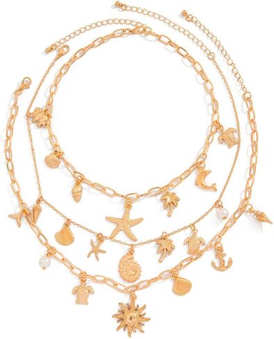Gold Starfish Necklace for Women Sea Shell Necklaces Gold Layered Pearl Necklaces Beach Charm Necklace Shell Beaded Choker Necklace Trendy Summer Jewelry in Kuwait