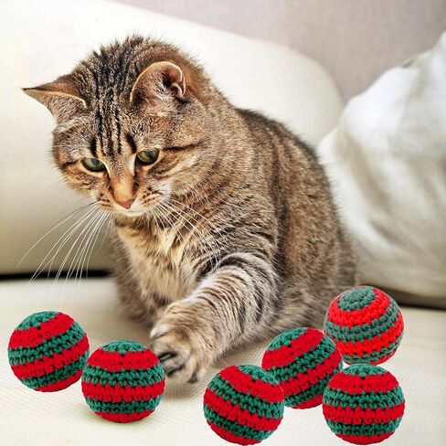 كرات ألعاب القطط من غزل الصوف، 6 قطع كرات لعبة للقطط في الأماكن المغلقة لعيد الميلاد مع جرس داخل ألعاب تفاعلية للقطط، لعبة كرات مضغ للقطط محبوكة يدويًا ألعاب مطاردة القطط in Kuwait