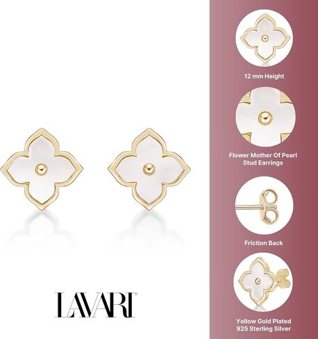 Black Onyx, Mother of Pearl or Malachite Flower Stud Earrings for Women in 925 Sterling Silver with Gold or Rhodium Plating Push Back Studs 12 mm by Lavari Jewelers in Saudi Arabia