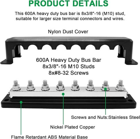 600A High Current Busbar 12-48V DC Heavy-Duty Nickel-Plated Copper Power Distribution Block 8xM10 (3/8") Terminal Studs with Cover Battery Bus Bar for Automobiles Boat RV Truck (Red) in Kuwait