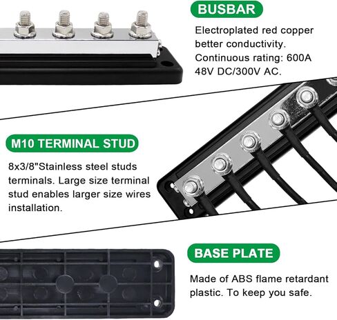 600A High Current Busbar 12-48V DC Heavy-Duty Nickel-Plated Copper Power Distribution Block 8xM10 (3/8") Terminal Studs with Cover Battery Bus Bar for Automobiles Boat RV Truck (Red) in Kuwait