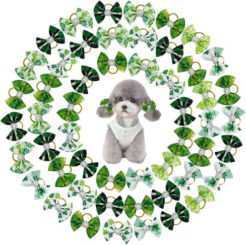 Wepetyo 30Pcs Dog Bows,Dog Puppy Hair Bows with Rubber Bands & Rhinestone Pearls,Cute Pet Small Dog Hair Bowknot Grooming Accessories(Clover Sunflower) in Saudi Arabia