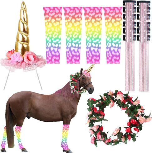 6 PCS Horse Bling Accessory Costume for Horses to Wear with Unicorn Horn Headband Spiral Horns Artificial Rose Flower Vine Warmers and Horse Hair Clips for Christmas Party Decorations (Style 2) in Saudi Arabia