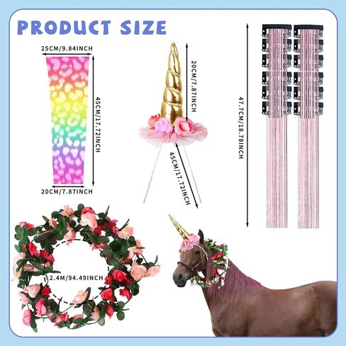 6 PCS Horse Bling Accessory Costume for Horses to Wear with Unicorn Horn Headband Spiral Horns Artificial Rose Flower Vine Warmers and Horse Hair Clips for Christmas Party Decorations (Style 2) in Saudi Arabia